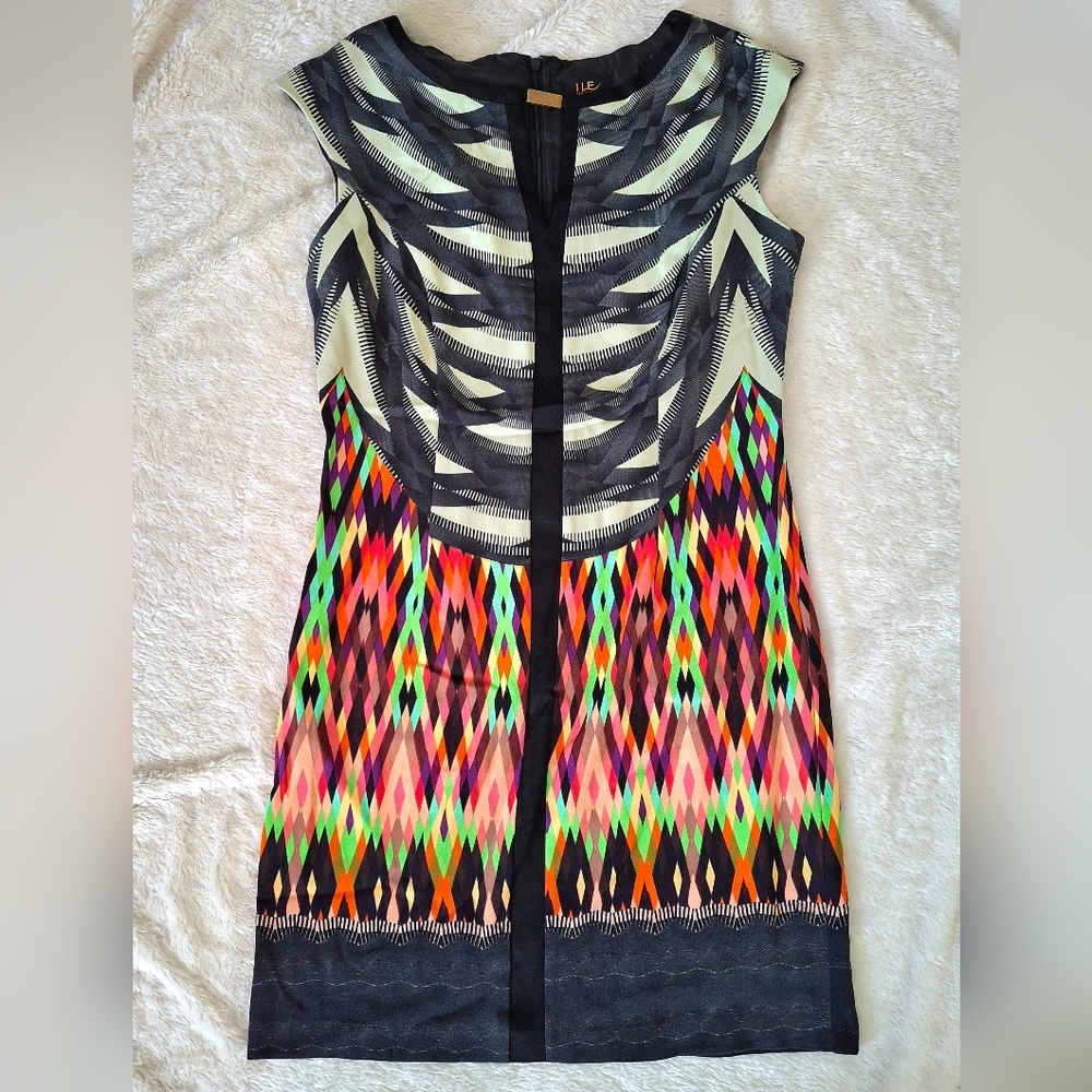 ILE New York Womens Size 8 Geometric Print Sheath Dress Sleeveless Multicolor
